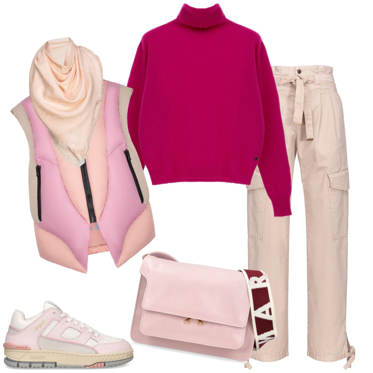 Outfit donna - Rosa. Stile Casual per Tutti i giorni. Abbinamento con pantaloni cargo, sciarpe, maglieria, piumini, borse a spalla, sneakers.