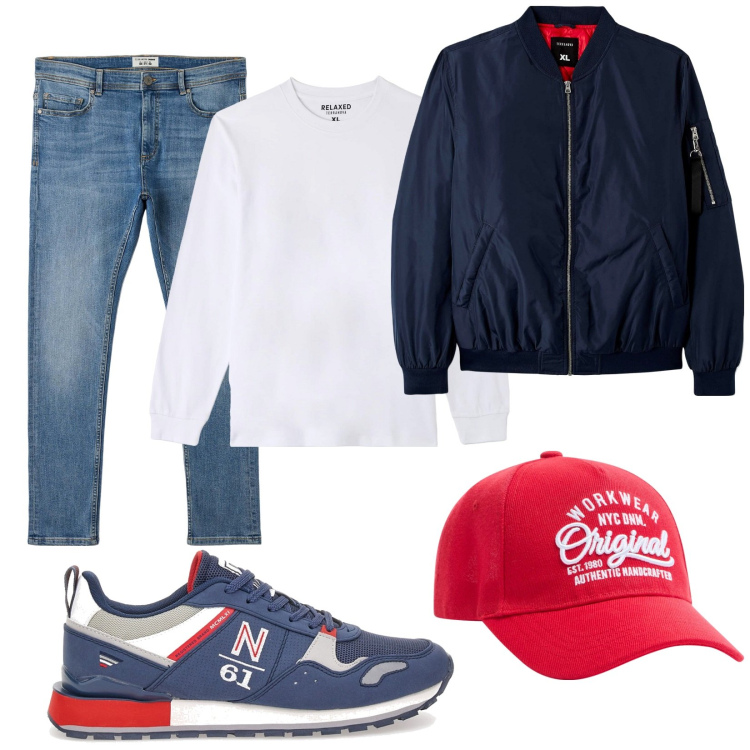 Outfit uomo - Yes. Stile Urban per Tutti i giorni. Abbinamento con cappelli, bomber, jeans skinny, t-shirt, sneakers.
