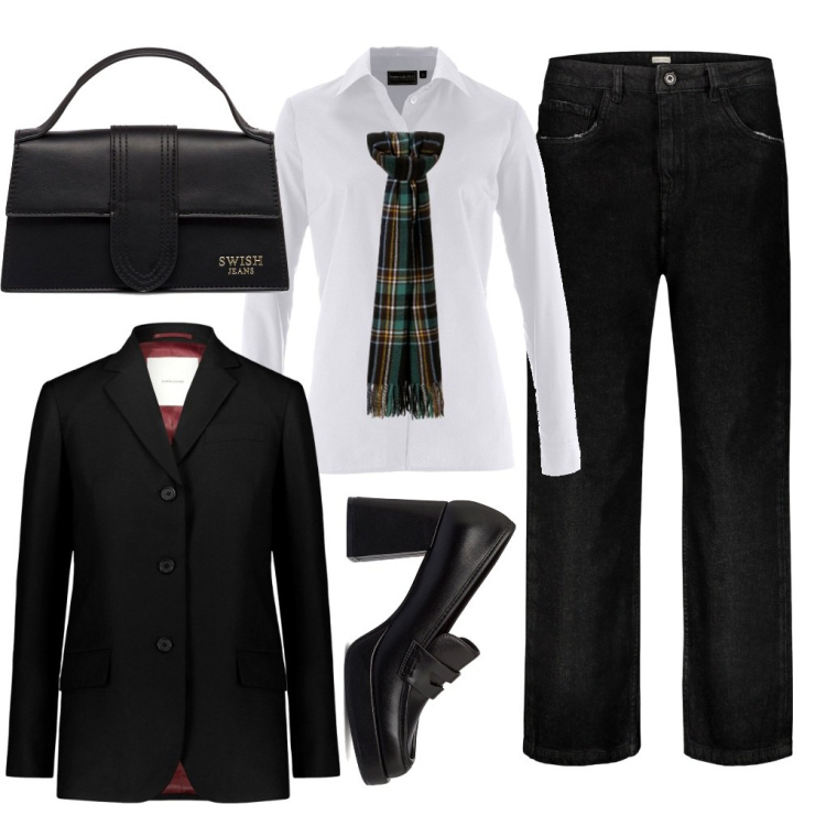 Outfit donna - Giorno blu in denim.. Stile Mannish per Tutti i giorni. Abbinamento con camicie, sciarpe, mocassini, borse a mano, blazer, jeans.