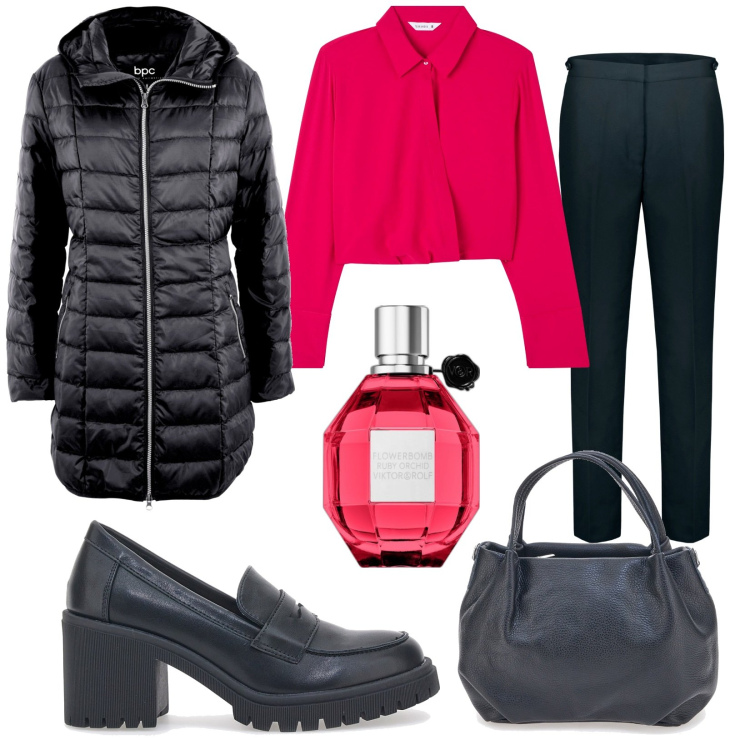 Outfit donna - Alta con i mocassini. Stile Casual chic per Ufficio. Abbinamento con piumini, profumi, bluse, mocassini, pantaloni, borse a mano.