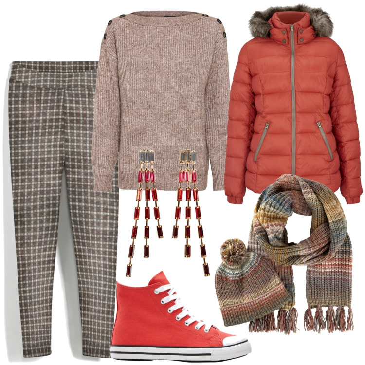 Outfit donna - Bonprix. Stile Casual per Serata fuori. Abbinamento con maglieria, sciarpe, orecchini, leggings, piumini, sneakers alte.