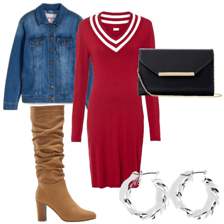 Outfit donna - Serata fuori sporty- chic bon prix. Stile Sporty chic per Serata fuori. Abbinamento con orecchini, blazer, vestiti midi/longuette, pochette, stivali.