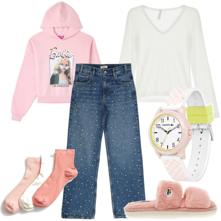 Outfit donna - A casa di Mia. Stile Basic per Tutti i giorni. Abbinamento con felpe con cappuccio, t-shirt, jeans dritti, calzini, pantofole, orologi analogici.