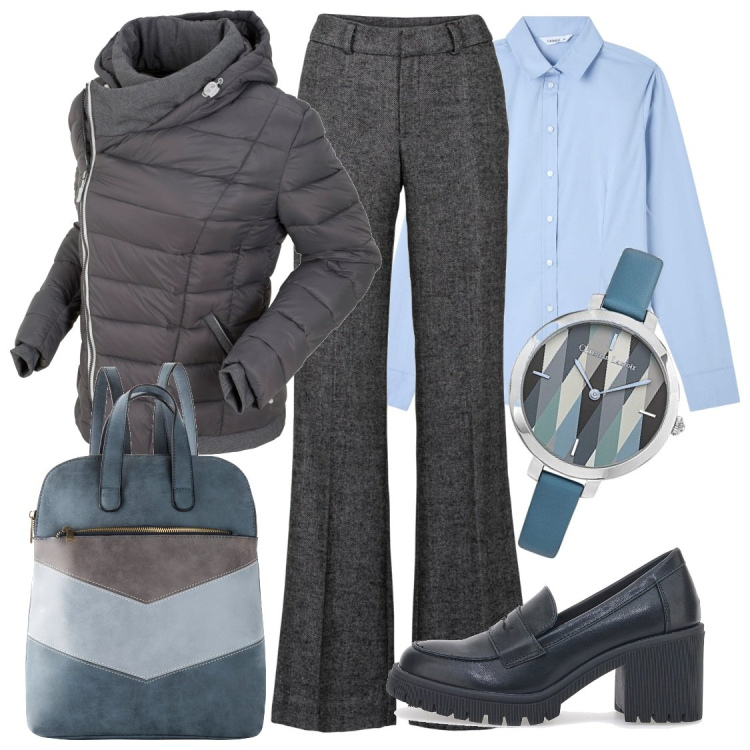 Outfit donna - Impeccabile in ufficio. Stile Casual chic per Ufficio. Abbinamento con pantaloni a palazzo, giacche, zaini, camicie, mocassini, orologi analogici.