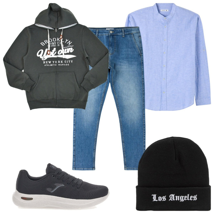 Outfit uomo - Total look #1797804. Stile Casual per Tutti i giorni. Abbinamento con camicie, berretti, jeans skinny, felpe con cappuccio, sneakers.