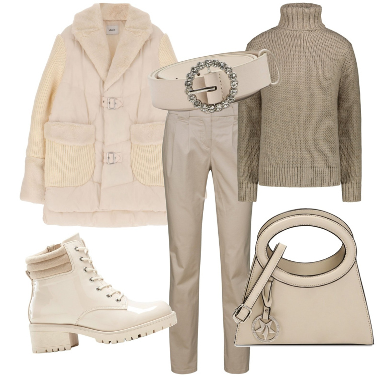 Outfit donna - Inverno. Stile Casual per Tutti i giorni. Abbinamento con pantaloni chino, stivaletti, cinture, borse a spalla, blazer, maglieria.