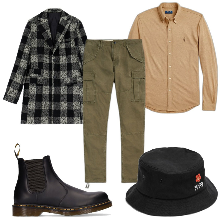 Outfit uomo - Total look #1797814. Stile Trendy per Tutti i giorni. Abbinamento con cappotti, camicie, pantaloni cargo, stivali e stivaletti, cappelli.