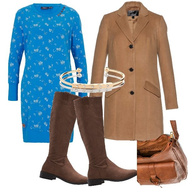 Outfit donna - Vestito in maglia e cappotto. Stile Basic per Serata fuori. Abbinamento con stivali, borse a tracolla, vestiti, cappotti, braccialetti.