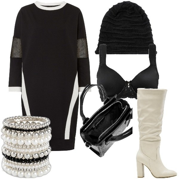 Outfit donna - Il vestito \'70. Stile 70s per Serata fuori. Abbinamento con braccialetti, berretti, reggiseni, vestiti, stivali sopra il ginocchio, borse a mano.