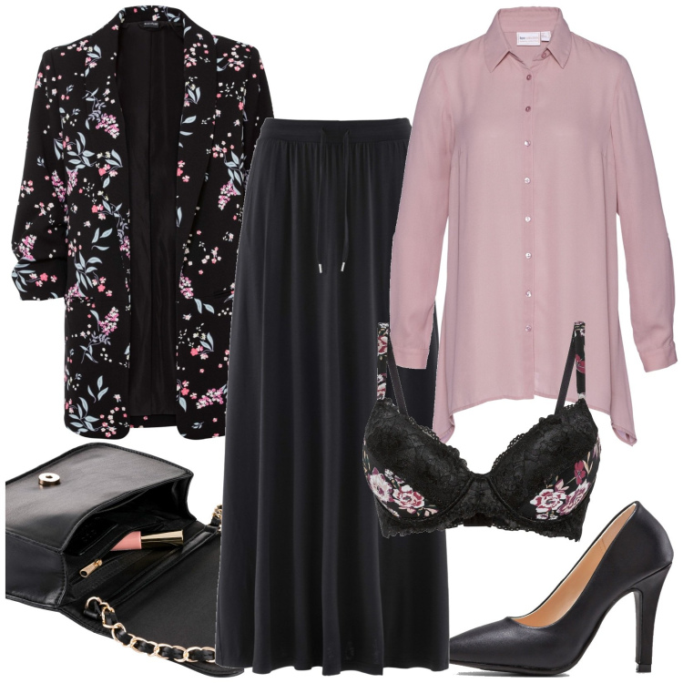 Outfit donna - Fantasia a fiori. Stile Casual chic per Serata fuori. Abbinamento con gonne, blazer, borse a tracolla, camicie, reggiseni, décolleté.