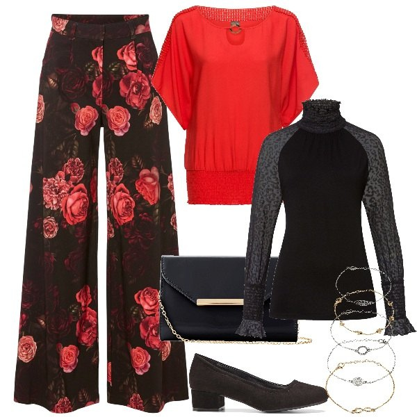 Outfit donna - So chic. Stile Chic per Serata fuori. Abbinamento con décolleté, bluse, braccialetti con ciondoli, pantaloni, maglieria, pochette.