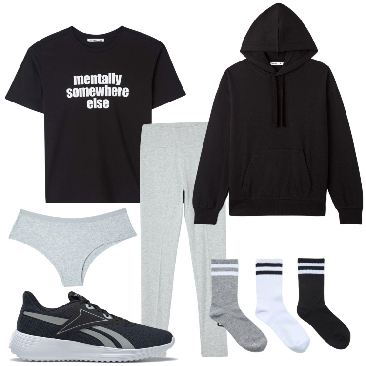 Outfit donna - Total look #1797845. Stile Casual per Sport. Abbinamento con leggings sportivo, t-shirt, calzini, culotte, felpe con cappuccio, scarpe sportive.