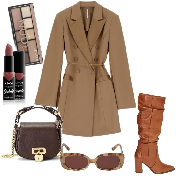 Outfit donna - Per uno stile esclusivo. Stile Chic per Tutti i giorni. Abbinamento con ombretti, rossetti, vestiti corti, stivali, borse a tracolla, occhiali da sole.