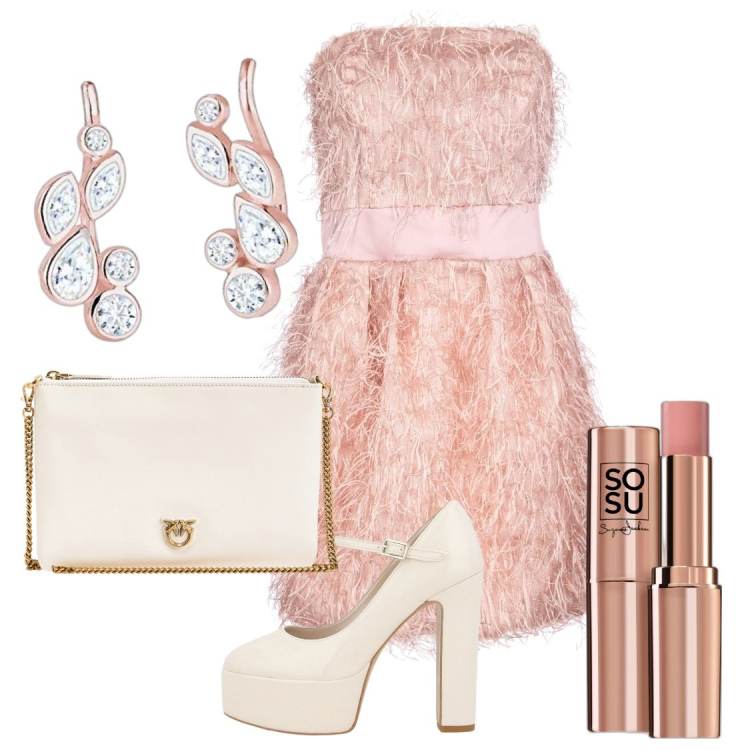 Outfit donna - Festa del diciottesimo. Stile Chic per Cerimonia. Abbinamento con blush, borse a tracolla, vestiti, décolleté, orecchini.
