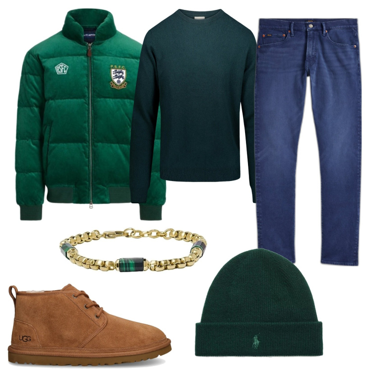 Outfit uomo - Green lovers man. Stile Urban per Serata speciale. Abbinamento con berretti, jeans, piumini, maglieria, scarpe stringate, braccialetti.
