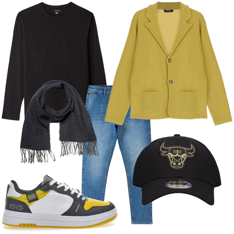 Outfit uomo - Total look #1797852. Stile Trendy per Tutti i giorni. Abbinamento con t-shirt, jeans skinny, giacche, sciarpe, cappelli con visiera, sneakers.