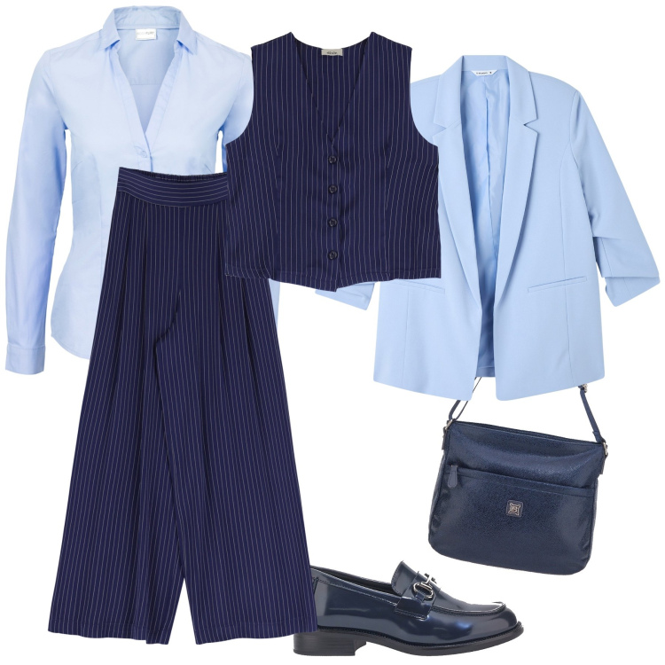 Outfit donna - Blu notte in ufficio. Stile Bon Ton per Ufficio. Abbinamento con camicie, blazer, pantaloni a palazzo, gilet, mocassini, borse a tracolla.