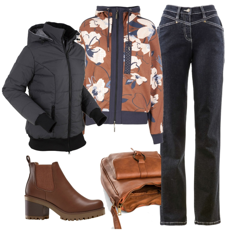 Outfit donna - Passeggiata in centro. Stile Casual per Tutti i giorni. Abbinamento con stivaletti chelsea, borse a tracolla, felpe, cappotti, jeans dritti.