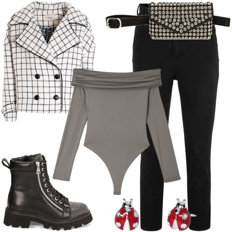 Outfit donna - Anfibi con strass super cool. Stile Casual per Tutti i giorni. Abbinamento con jeans, body, orecchini, blazer, borse a spalla, anfibi.