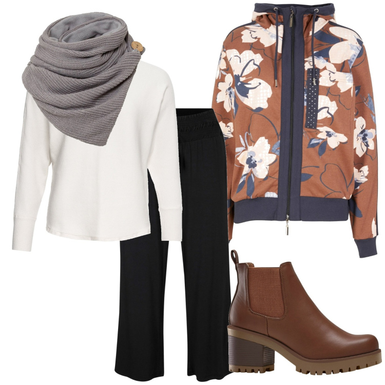 Outfit donna - Confidential. Stile Casual chic per Serata fuori. Abbinamento con stivaletti chelsea, maglieria, foulard, felpe, pantaloni.