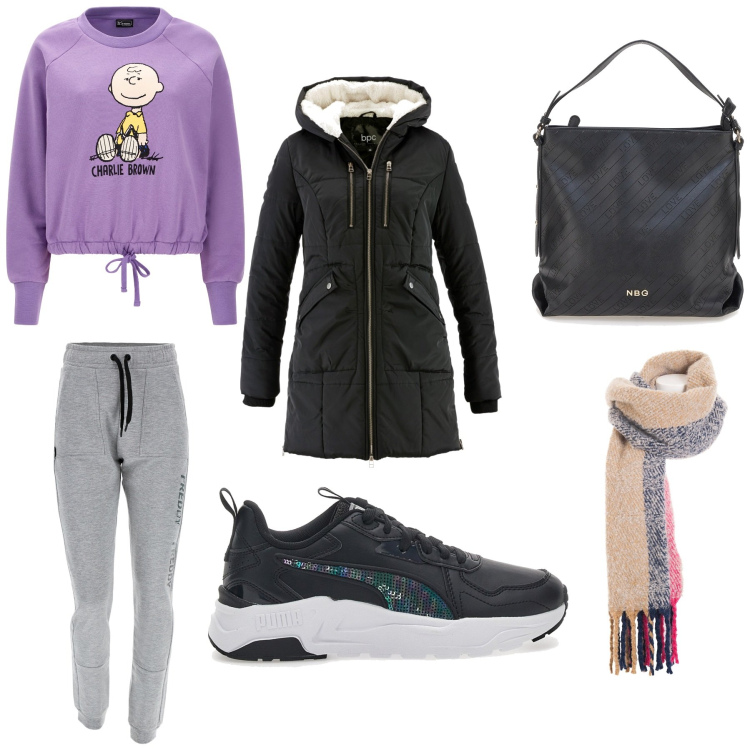 Outfit donna - Finalmente venerdì. Stile Sporty chic per Tutti i giorni. Abbinamento con giacche sportive, sciarpe, pantaloni cargo, felpe, sneakers, borse a spalla.