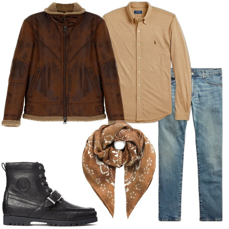 Outfit uomo - Spirito libero. Stile Trendy per Serata speciale. Abbinamento con cappotti, camicie, jeans, stivali, sciarpe e foulard.