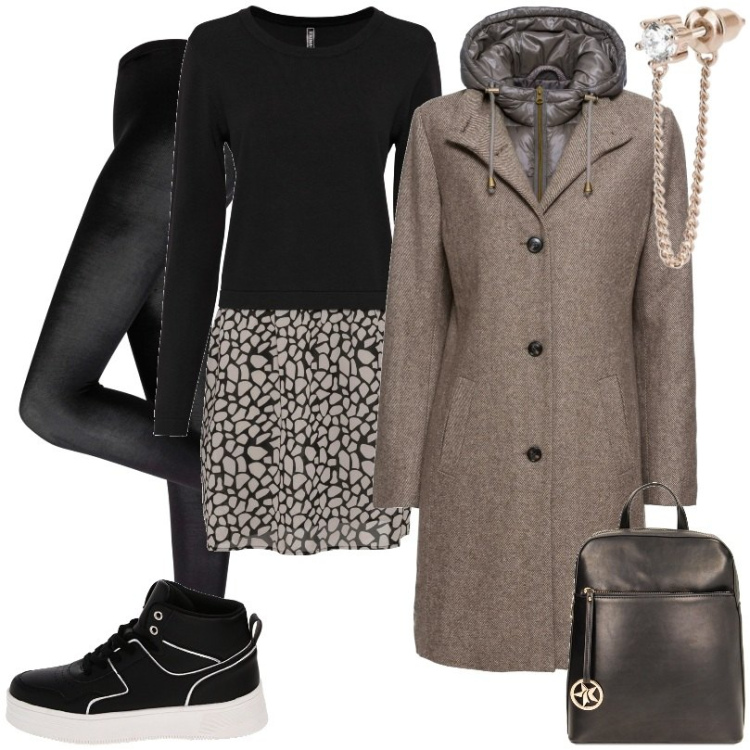 Outfit donna - Sneakers uniche e super stylish!. Stile Casual per Tutti i giorni. Abbinamento con cappotti, maglieria, leggings, orecchini, zaini, sneakers.