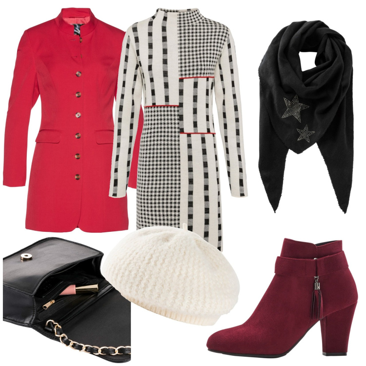 Outfit donna - Total look #1797900. Stile Casual chic per Serata fuori. Abbinamento con foulard, borse a tracolla, blazer, stivaletti, vestiti, cappelli e berretti.