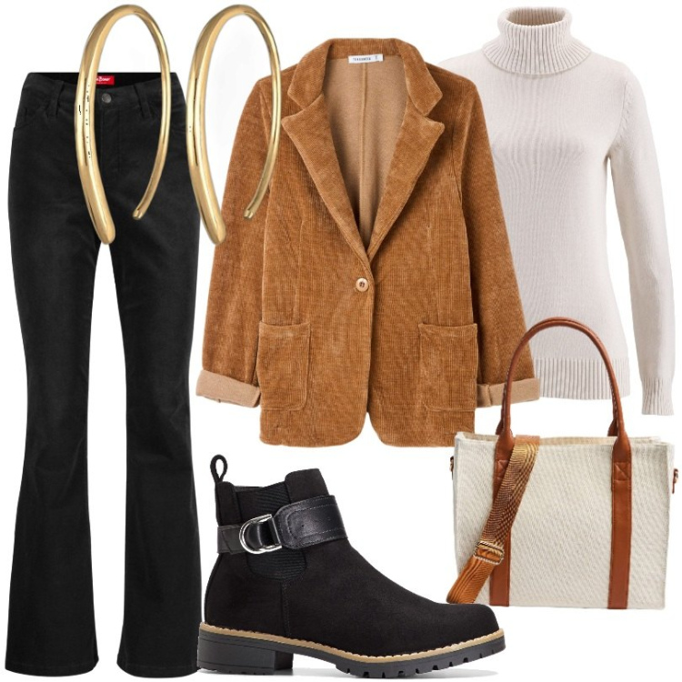 Outfit donna - Bellissimo maglione a costine. Stile Casual per Tutti i giorni. Abbinamento con stivaletti, pantaloni, maglieria, cappotti, shopping bag, orecchini.