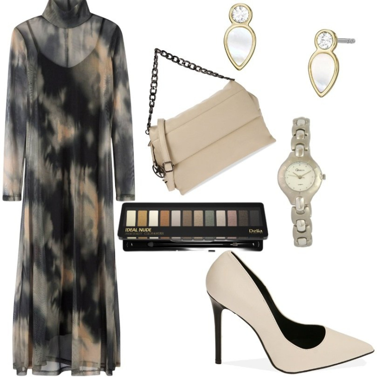 Outfit donna - Abito in tulle tie-dye Nero. Stile Chic per Serata fuori. Abbinamento con ombretti, vestiti, borse a spalla, décolleté, orologi, orecchini.