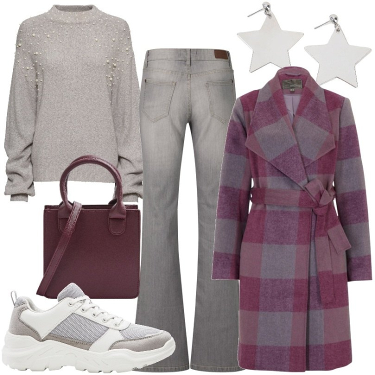 Outfit donna - Total look #1797928. Stile Casual per Tutti i giorni. Abbinamento con jeans bootcut, cappotti, maglieria, sneakers, shopping bag, orecchini.
