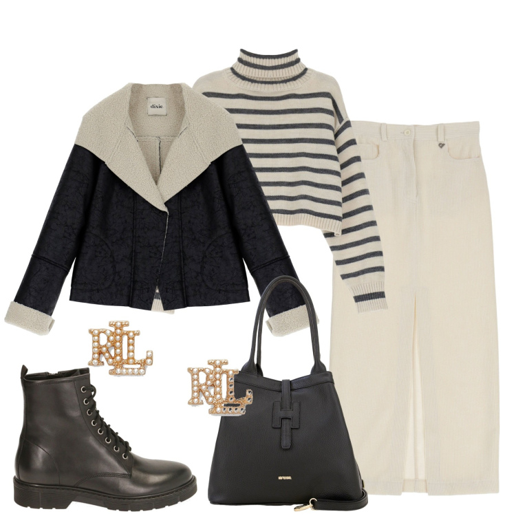 Outfit donna - In città. Stile Casual chic per Tutti i giorni. Abbinamento con borse a secchiello, maglieria, anfibi, cappotti, gonne lunghe, orecchini.