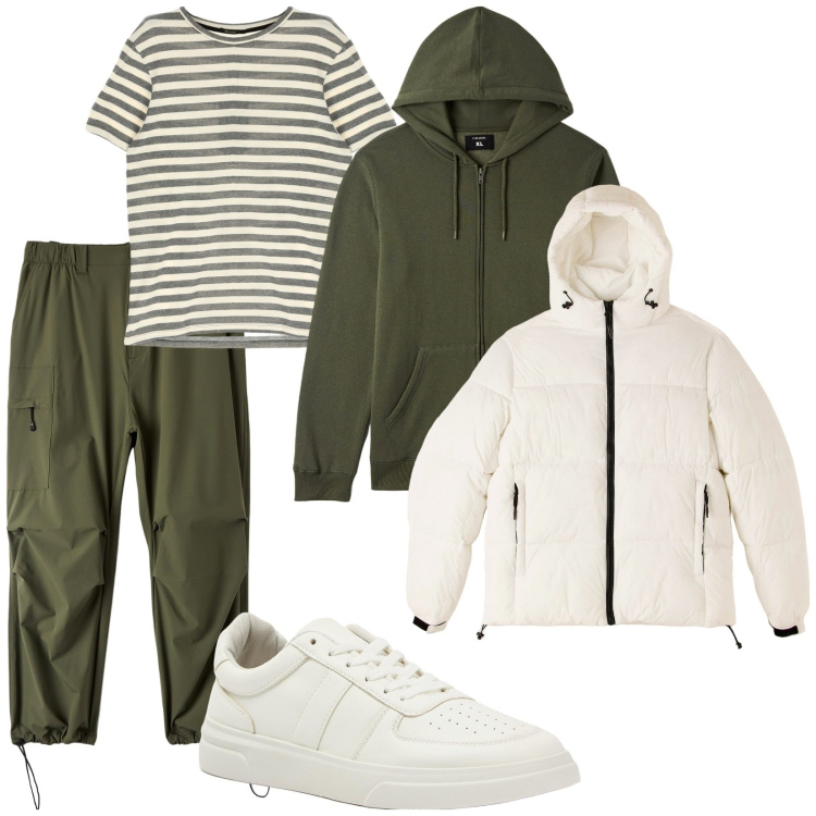 Outfit uomo - Total look #1797948. Stile Urban per Tutti i giorni. Abbinamento con pantaloni, piumini, felpe con cappuccio, sneakers, t-shirt.