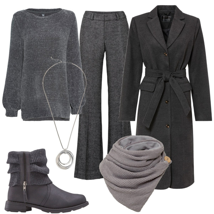 Outfit donna - Total look #1797957. Stile Basic per Serata fuori. Abbinamento con maglieria, pantaloni a palazzo, foulard, stivaletti, cappotti, collane.