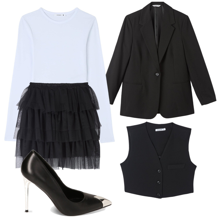Outfit donna - Total look #1797962. Stile Glamour per Serata fuori. Abbinamento con t-shirt, blazer, minigonne, gilet, décolleté.