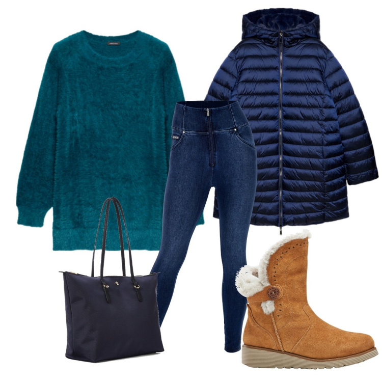 Outfit donna - Blue monday. Stile Casual per Tutti i giorni. Abbinamento con stivali, jeans skinny, borse tote, piumini, maglieria.
