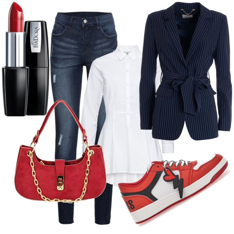 Outfit donna - Rosso-blu gessato. Stile Minimal per Tutti i giorni. Abbinamento con jeans strappati, camicie, rossetti, blazer, borse a spalla, sneakers.