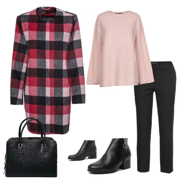 Outfit donna - Tofly_basic. Stile Bon Ton per Tutti i giorni. Abbinamento con pantaloni, giacca nero, pullover lavorato a maglia collo tondo a maniche lunghe in seta tinta unita, stivaletti con zip, borsa a mano tote petite rosa.