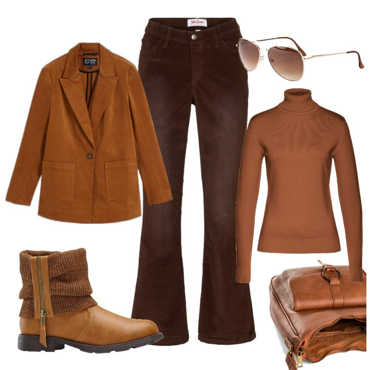 Outfit donna - Tono su tono. Stile Urban per Serata fuori. Abbinamento con maglieria, borse a tracolla, occhiali da sole, pantaloni, blazer, stivaletti.