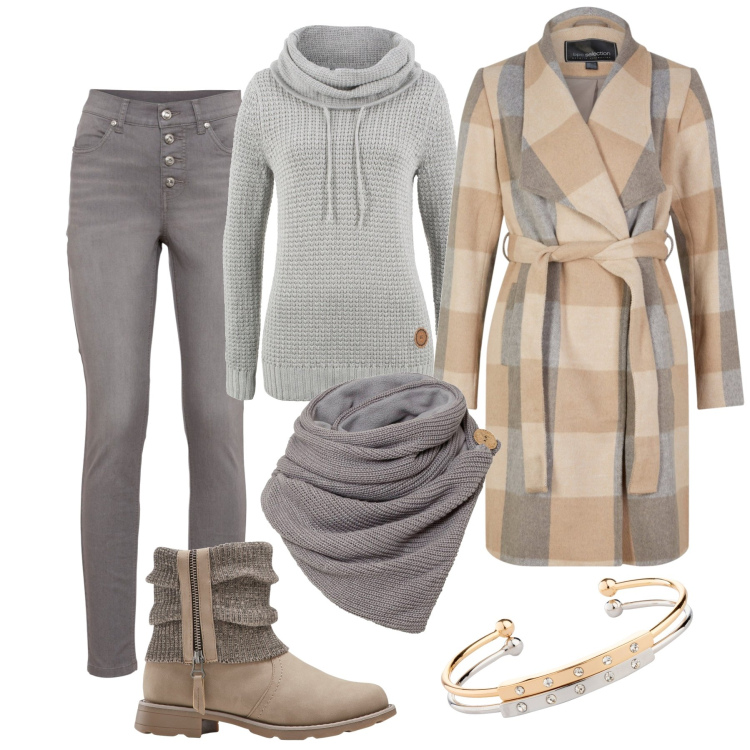 Outfit donna - Serata in osteria con Bonprix. Stile Casual per Serata fuori. Abbinamento con foulard, cappotti, jeans, maglieria, stivaletti, braccialetti.