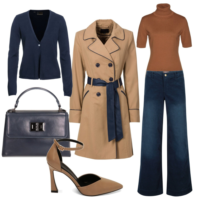 Outfit donna - Casual chic. Stile Casual chic per Ufficio. Abbinamento con pantaloni, cardigans, maglieria, trench, décolleté, borse a mano.
