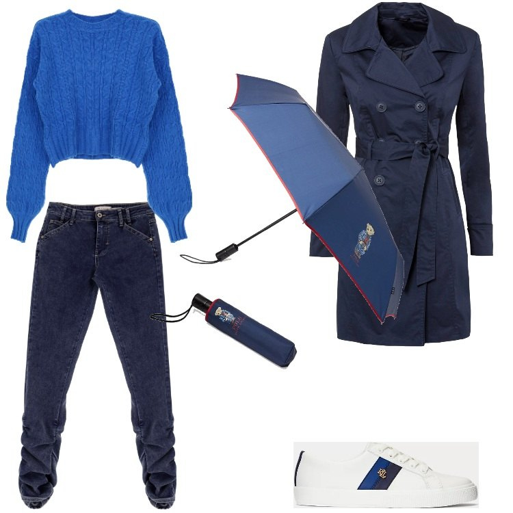 Outfit donna - Blue Monday. Stile Trendy per Tutti i giorni. Abbinamento con trench, jeans slim fit, pullovers, sneakers, borse tote.