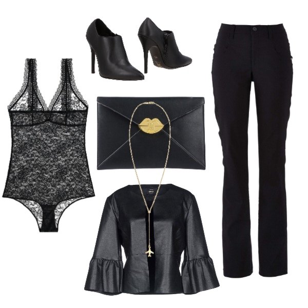 Outfit donna - Sofisticata come Megan. Stile Urban per Serata fuori. Abbinamento con pantaloni, stivaletti con tacco spillo e zip a punta in pelle sintetica tinta unita, giacca scollatura profonda a maniche lunghe interno sfoderato in pelle sintetica tinta unita, borsa a mano taglia media interno foderato in pelle sintetica tinta unita, body con pizzo e bottoni nero, ciondoli.