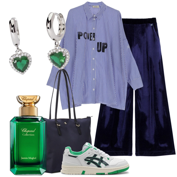 Outfit donna - Blue monday con un tocco di verde. Stile Casual chic per Tutti i giorni. Abbinamento con profumi, orecchini, pantaloni a palazzo, camicie, borse tote, sneakers.