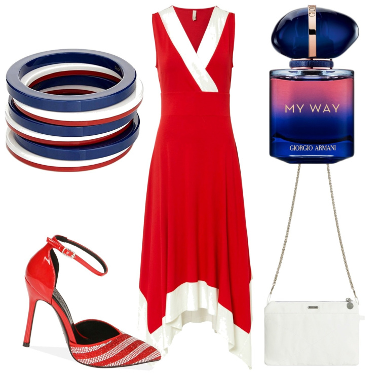 Outfit donna - Serata di compleanni. Stile Glamour per Serata fuori. Abbinamento con vestiti midi/longuette, profumi, décolleté, clutch, braccialetti.