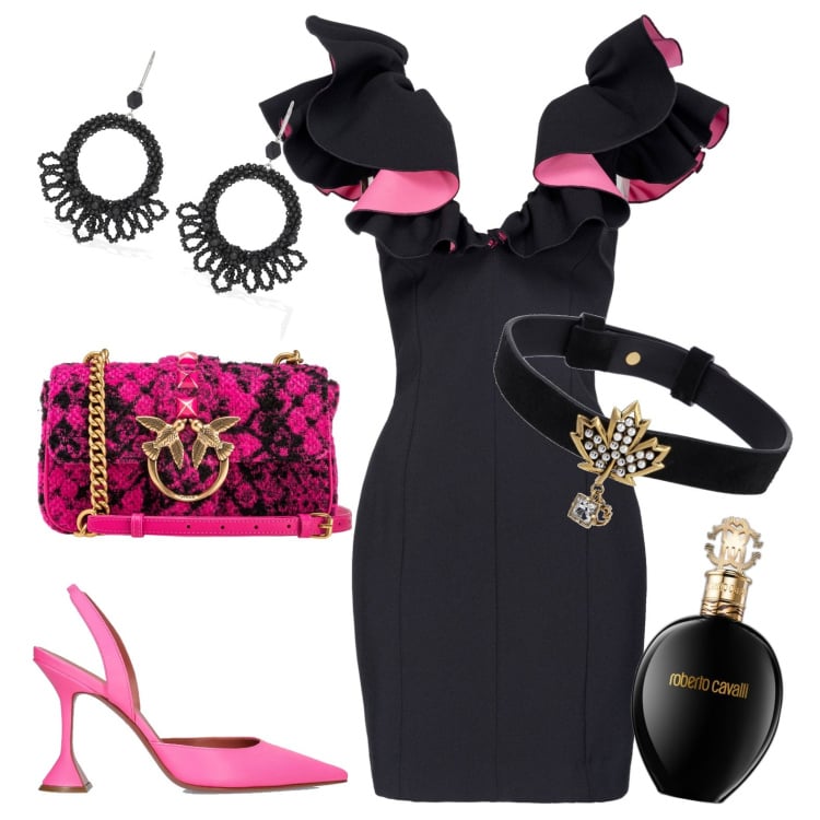 Outfit donna - Serata. Stile Chic per Serata fuori. Abbinamento con profumi, vestiti lunghi, borse a tracolla, orecchini, collane, décolleté.