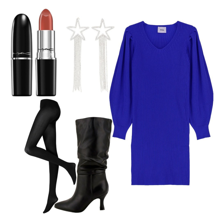 Outfit donna - Ispirazione blue monday. Stile Trendy per Tutti i giorni. Abbinamento con collant, rossetti, stivali, vestiti corti, orecchini.