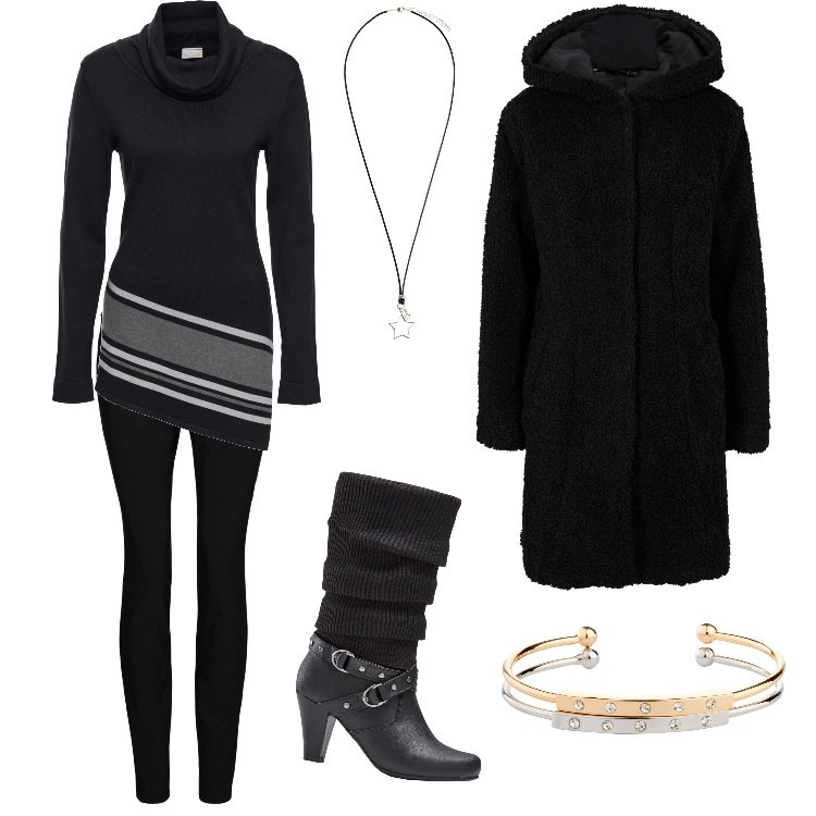 Outfit donna - Bonprix - Saldi Gennaio. Stile Minimal per Serata fuori. Abbinamento con stivali, maglieria, cappotti, braccialetti, pantaloni skinny, collane.