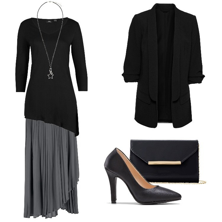 Outfit donna - Bonprix-Saldi. Stile Minimal per Serata fuori. Abbinamento con maglieria, blazer, gonne, collane, décolleté, pochette.