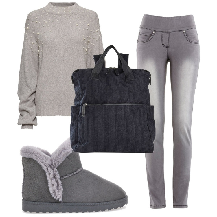 Outfit donna - Total look #1798185. Stile Basic per Scuola/Università. Abbinamento con jeans slim fit, zaini, maglieria, stivaletti.